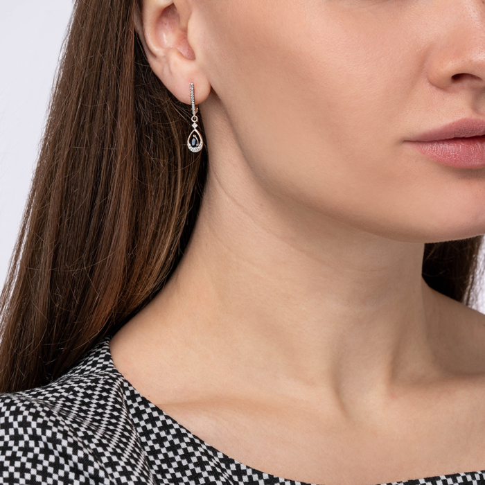 Золоті сережки-підвіски з сапфіром та діамантами. Артикул 520019/01/1/10262