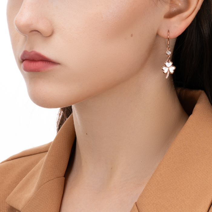 Серебряные позолоченные серьги-подвески с перламутром и фианитами. Артикул HJES-843-ROSE-E/17/4510