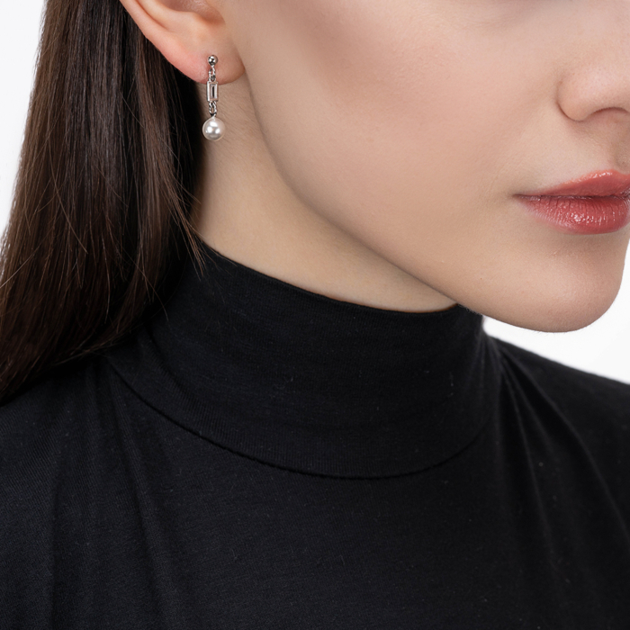 Срібні сережки з фіанітом та перлиною. Артикул ORT  8974 RH-E/12/4586