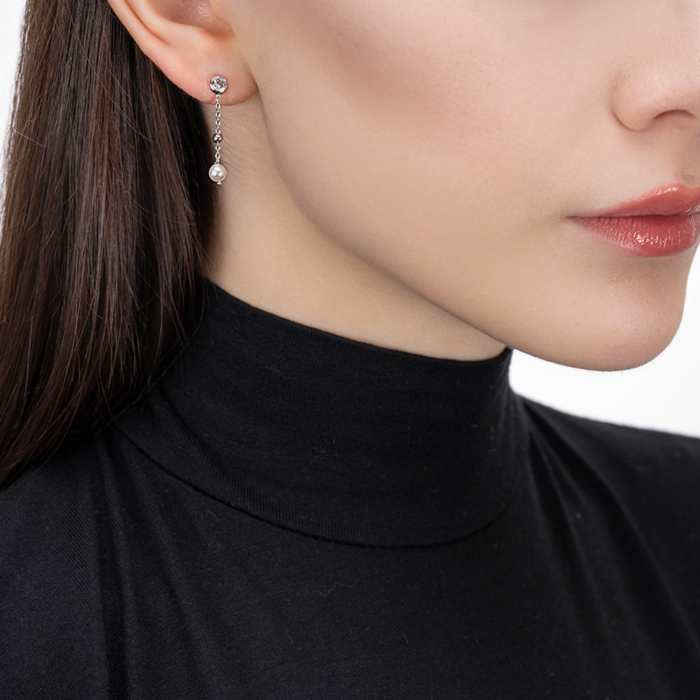 Срібні сережки з фіанітом та перлиною. Артикул ORT 8975 RH-E/12/4593