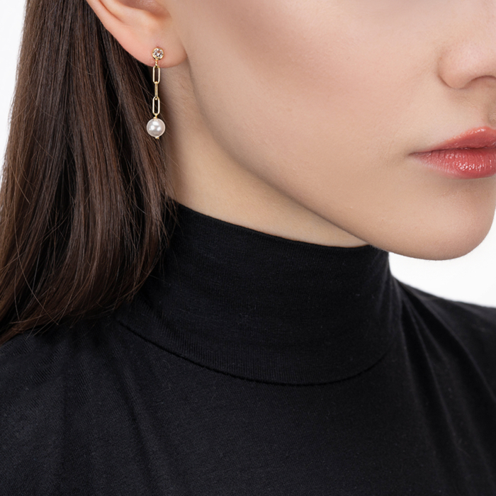 Серебряные серьги с жемчугом и фианитом. Артикул ORT  8969 G-E/20/4586