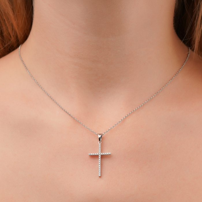 Двухсторонній золотий хрестик з білими та чорними фіанітами 31372/02/1/146