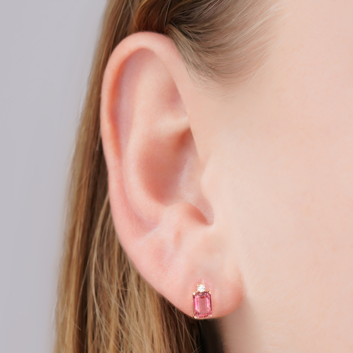 Золотые серьги-пуссеты с розовым турмалином и фианитом 540081/01/0/7787