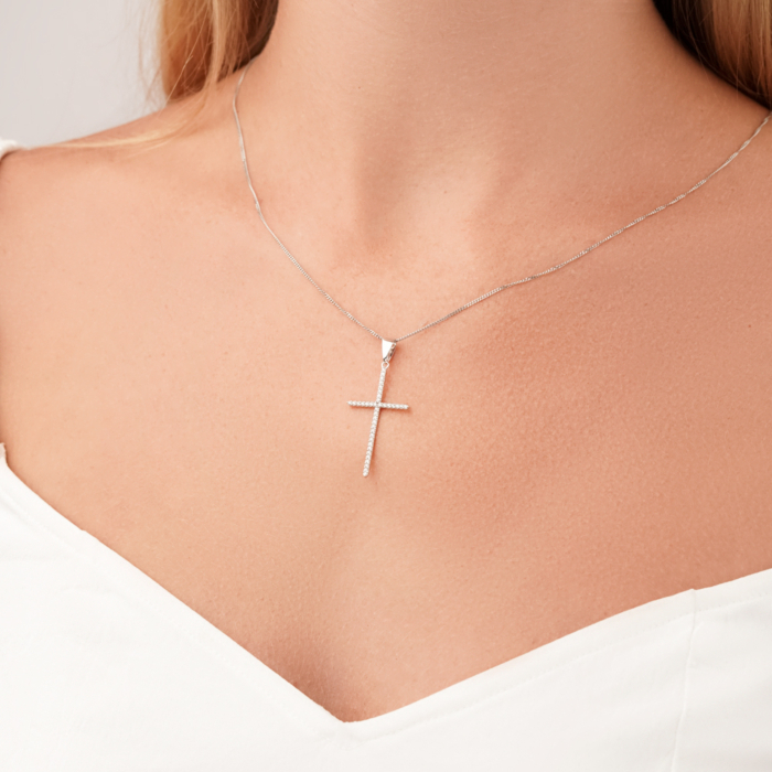 Хрестик з білого золота з діамантами 50966/02/1/9023