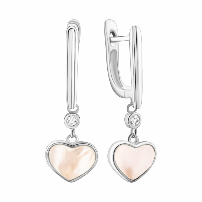 Срібні сережки-підвіски з перламутром та фіанітом. Артикул UG5E002879