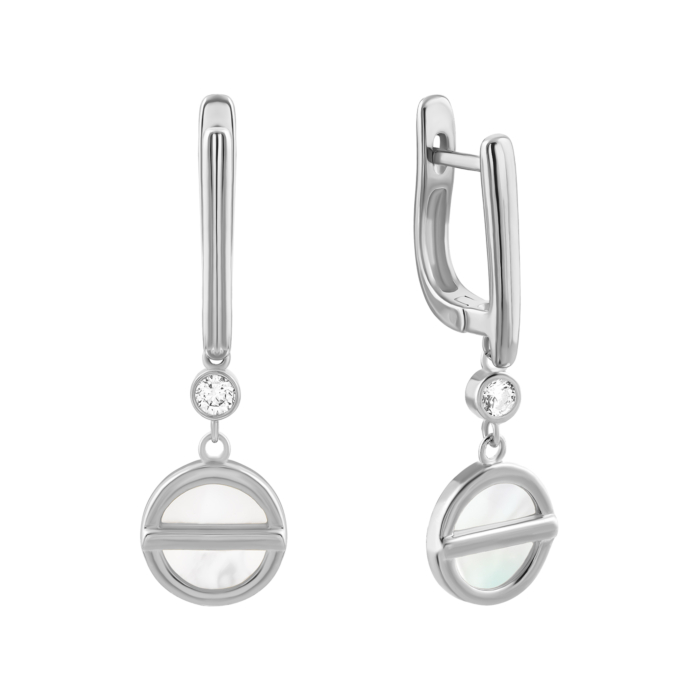 Срібні сережки-підвіски з перламутром та фіанітом. Артикул UG5E002940