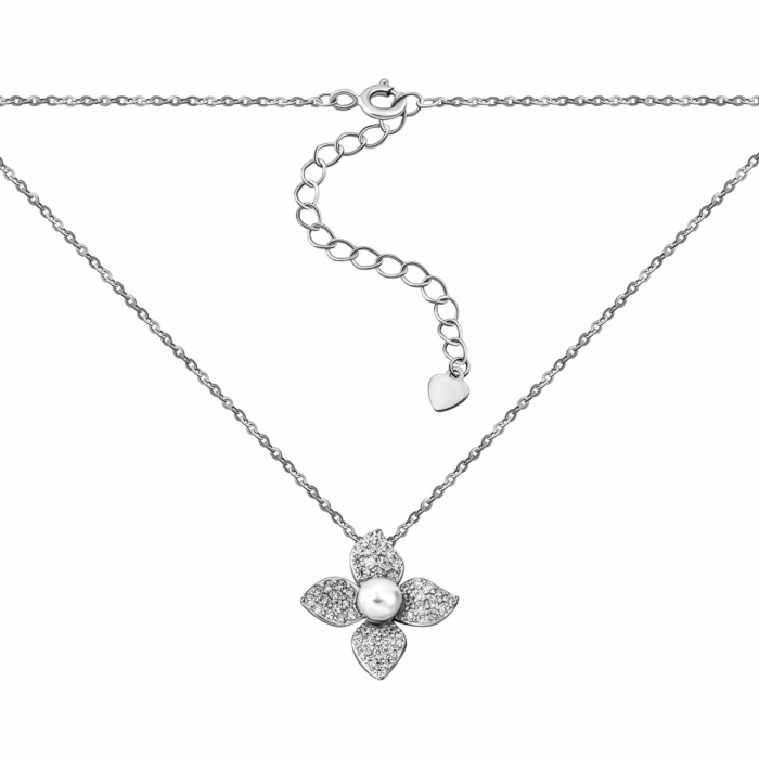 Cрібне кольє з перлами і фіанітами. Артикул UG5EN02506