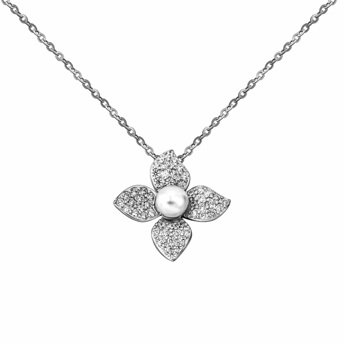 Cрібне кольє з перлами і фіанітами. Артикул UG5EN02506