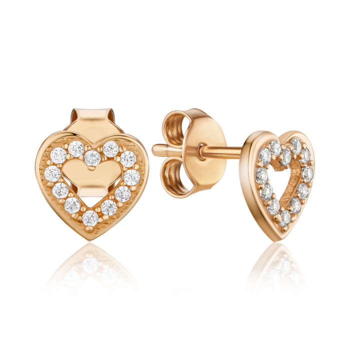 Золоті сережки-пусети "Серця" з фіанітами F-2844-E/01/1
