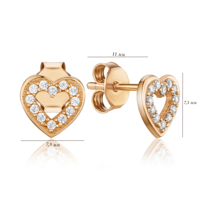 Золотые серьги-пуссеты «Сердца» с фианитами F-2844-E/01/1