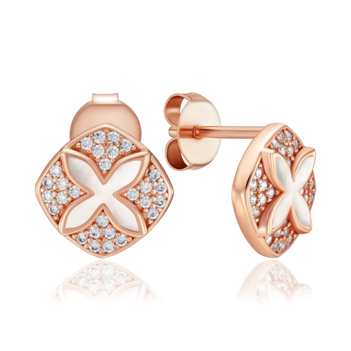 Срібні сережки з перламутром та фіанітами. Артикул HJES-2159-ROSE-E/17/1090