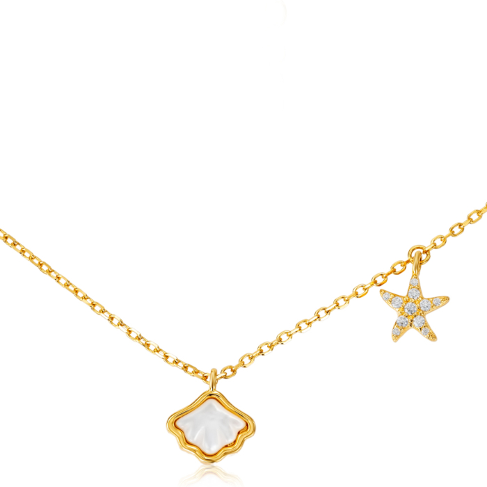 Серебряное позолоченное колье с перламутром и фианитами. Артикул HJN-841-GOLD-K/20/4510