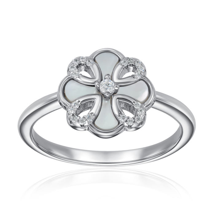 Срібна каблучка з фіанітами та перламутром. Артикул HJR-2157-S-R/12/1090