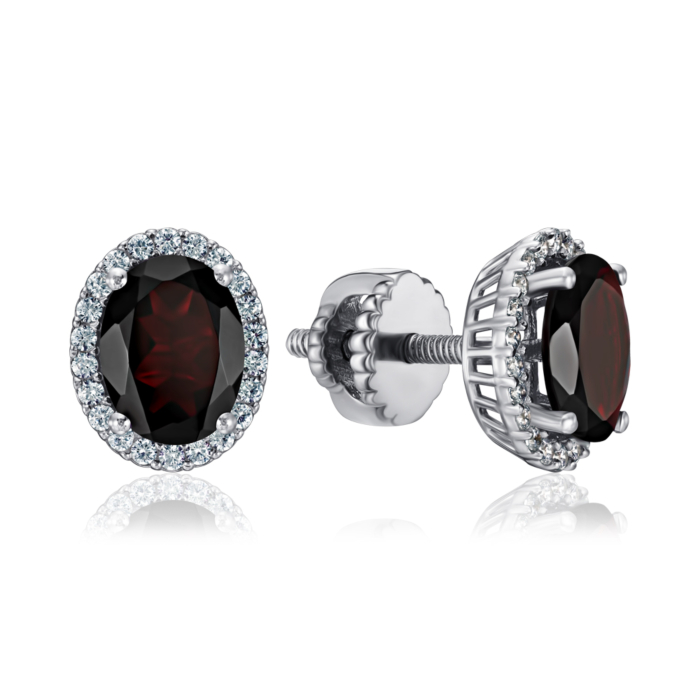 Срібні сережки з гранатом та фіанітами. Артикул KRS 182-GR-E/12/5050