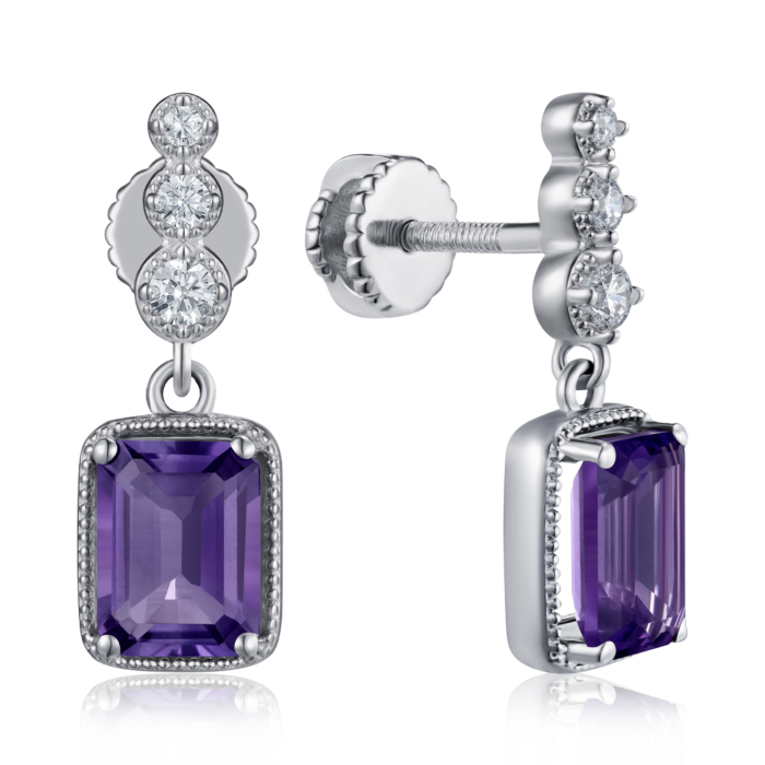 Серебряные серьги с аметистом и фианитами. Артикул KRS_624-AM-E/12/16066
