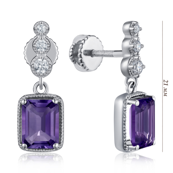 Серебряные серьги с аметистом и фианитами. Артикул KRS_624-AM-E/12/16066
