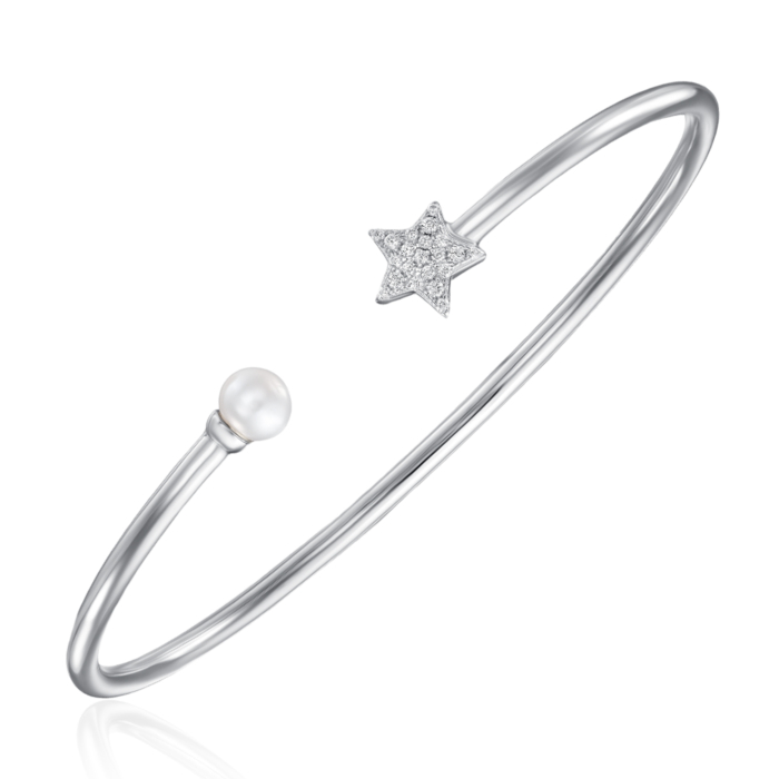 Срібний жорсткий браслет з фіанітами та перлиною. Артикул MB10465D-B/12/2798
