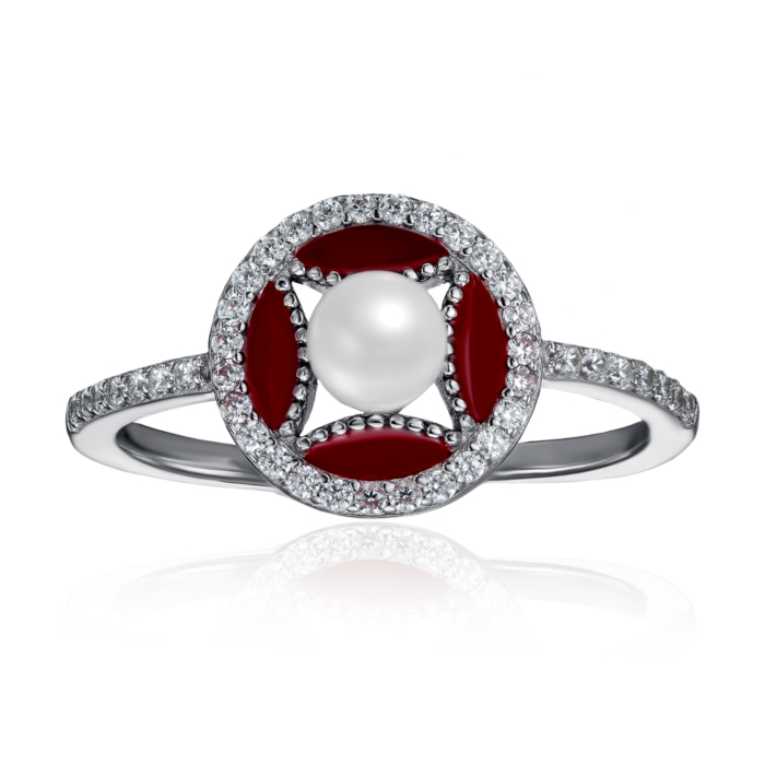 Серебряное кольцо с фианитами и жемчугом. Артикул ML14424A-R/12/4508