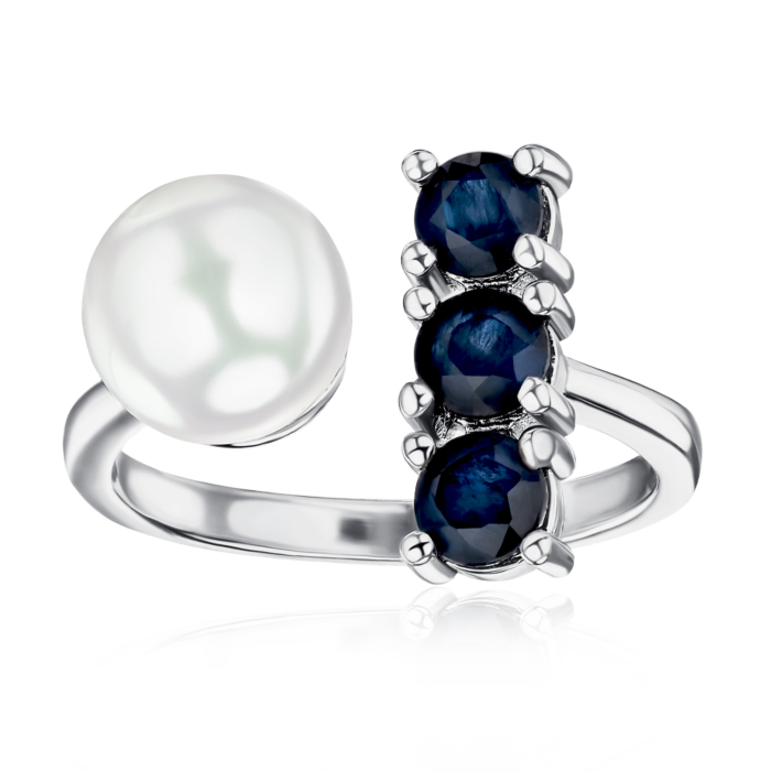 Серебряное кольцо с жемчугом и сапфирами. Артикул NA371-R/12/10095