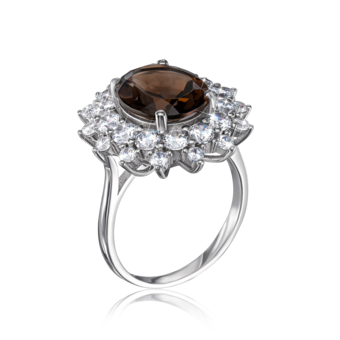 Срібна каблучка з раухтопазом і фіанітами. Артикул NA777-R/12/6377