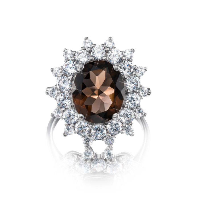 Срібна каблучка з раухтопазом і фіанітами. Артикул NA777-R/12/6377