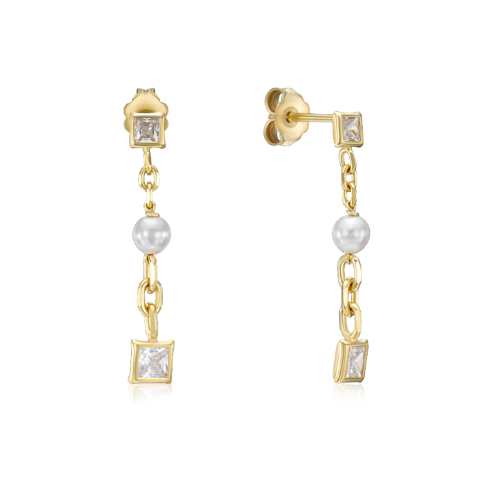 Серебряные серьги с жемчугом и фианитами. Артикул ORT  8971 G-E/20/4593