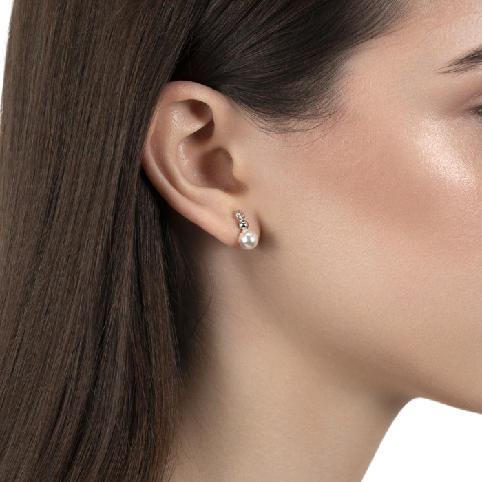 Срібні пусети з фіанітом та перлиною. Артикул ORT_9107-E/12/4586