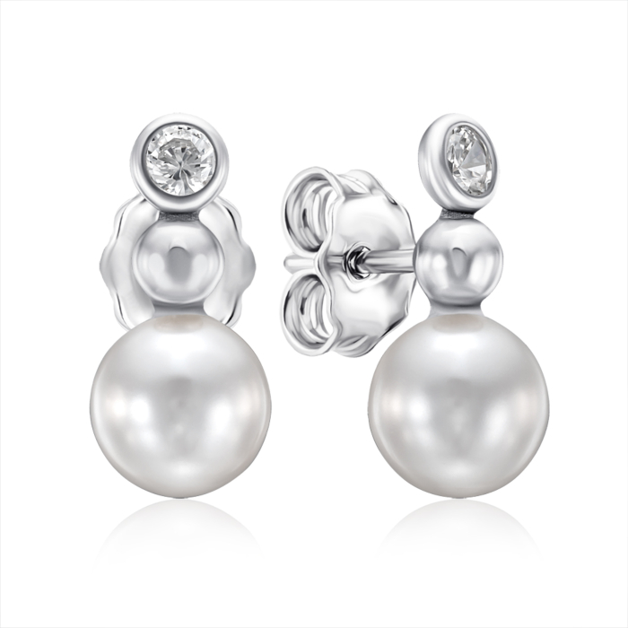 Срібні пусети з фіанітом та перлиною. Артикул ORT_9107-E/12/4586