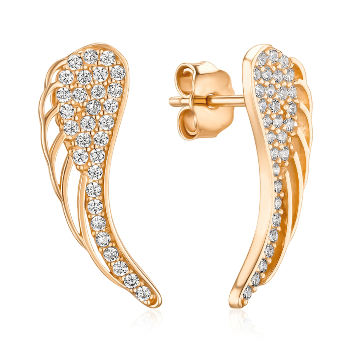 Золоті сережки-пусети "Крила" з фіанітами P-1901-E/01/1