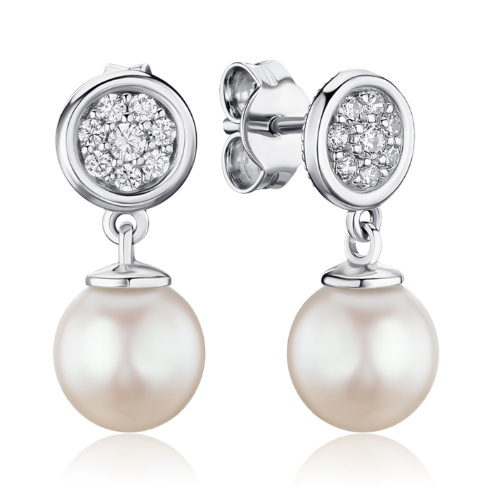 Золоті сережки-пусети з перлами та фіанітами P-2911-E/02/2010