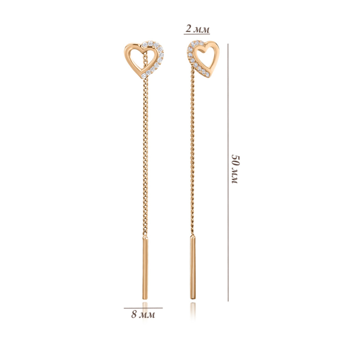 Золоті сережки-протяжки Серця з фіанітами P-943-E/01/1