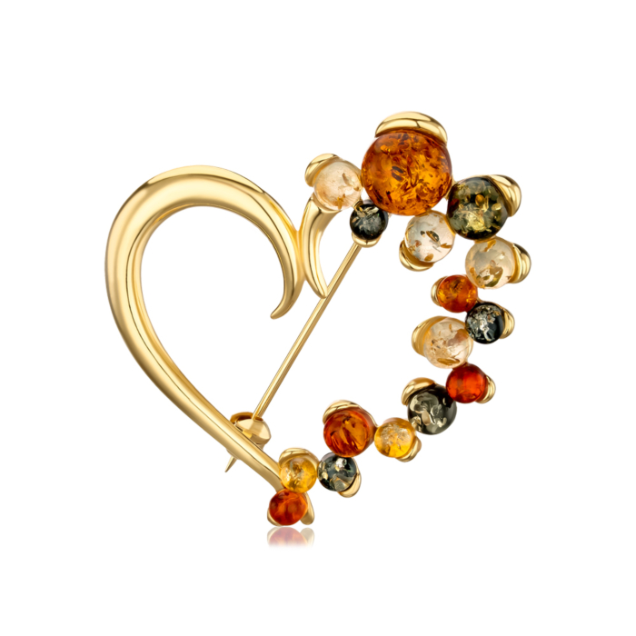 Серебряная позолоченная брошь Сердце с янтарем P199M-BROOSH-SH/20/2787