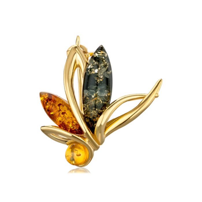 Позолочена срібна брошка з бурштином P200M-BROOSH-SH/20/2787