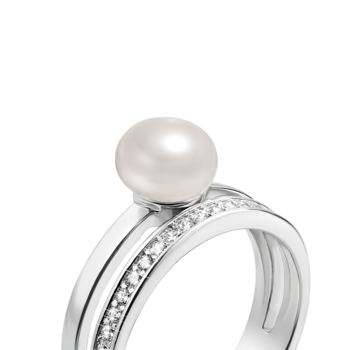 Срібна каблучка з перлиною і фіанітами. Артикул PRS1868-R