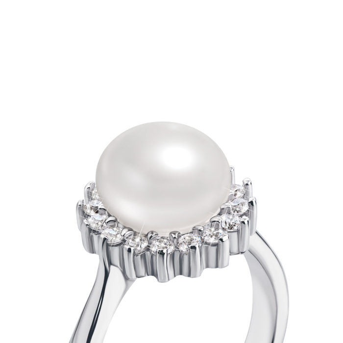 Серебряное кольцо с жемчугом и фианитами. Артикул PSS0156-R