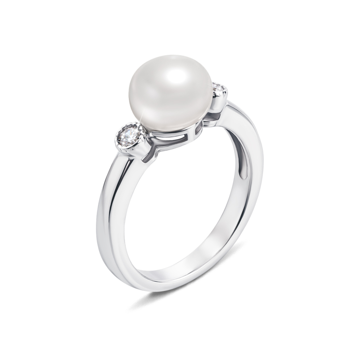 Серебряное кольцо с жемчугом и фианитами. Артикул PSS0961-R