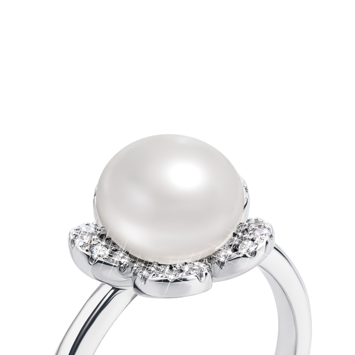 Серебряное кольцо с жемчугом и фианитами. Артикул PSS1100-R