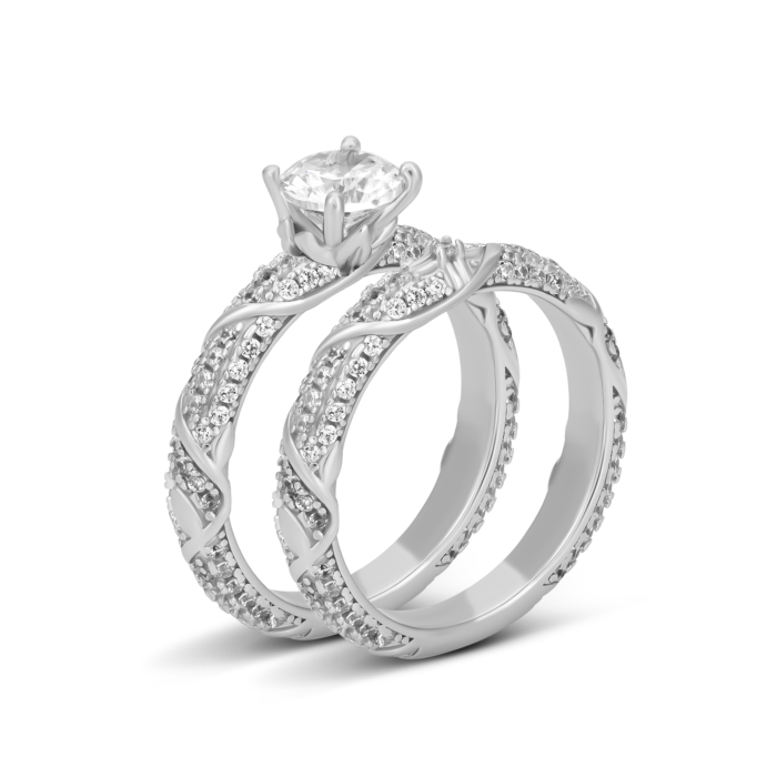 Набірна подвійна срібна каблучка з фіанітами. Артикул UG5R36182-BM