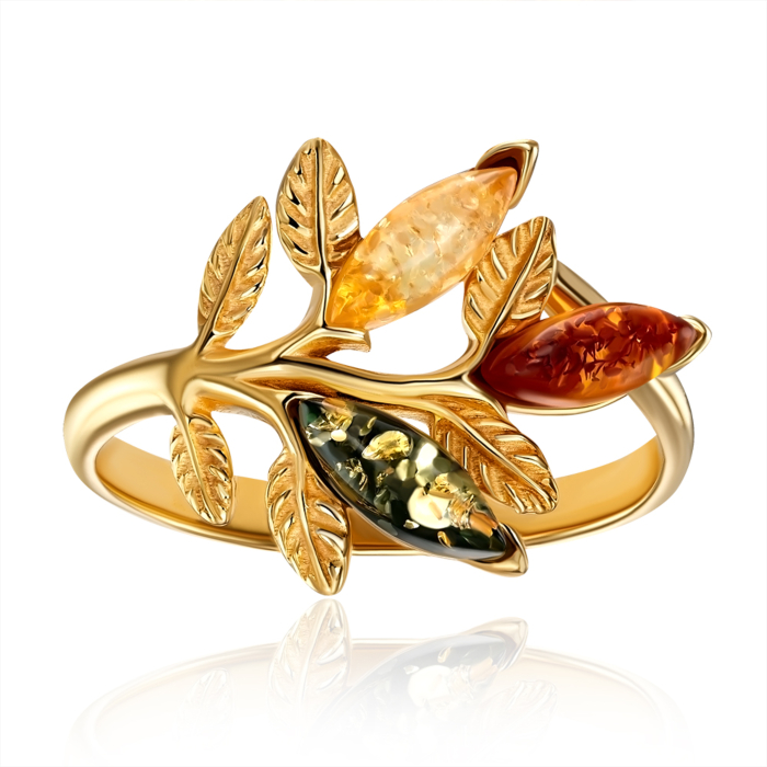 Серебряное позолоченное кольцо с янтарем. Артикул R546M-GP-R/20/2787