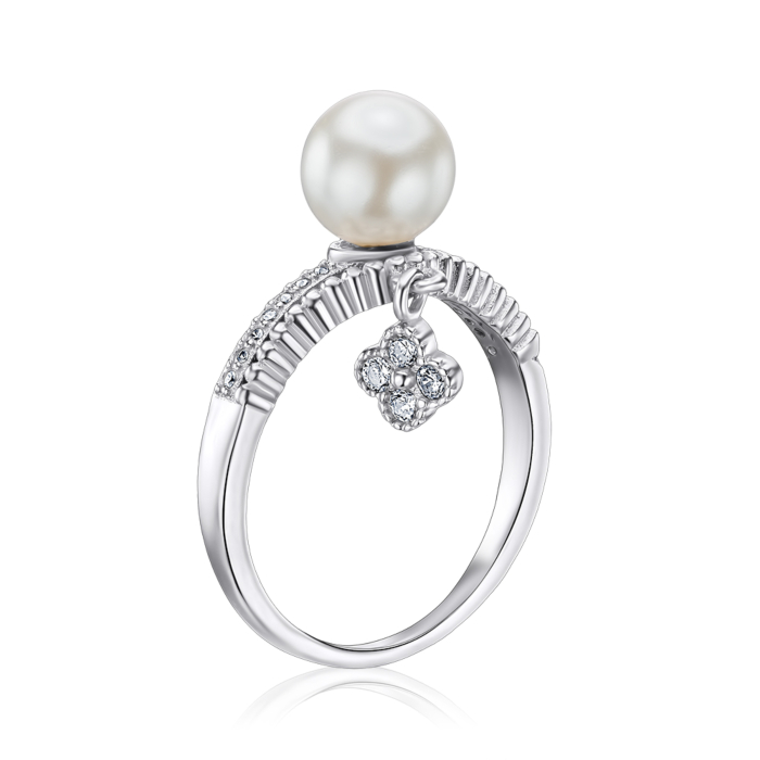 Срібна каблучка з перлиною та фіанітами. Артикул RI34496-R/12/680