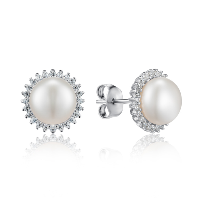 Срібні сережки з перлами та фіанітами. Артикул SE00304-E/12/4926