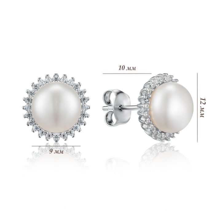 Срібні сережки з перлами та фіанітами. Артикул SE00304-E/12/4926