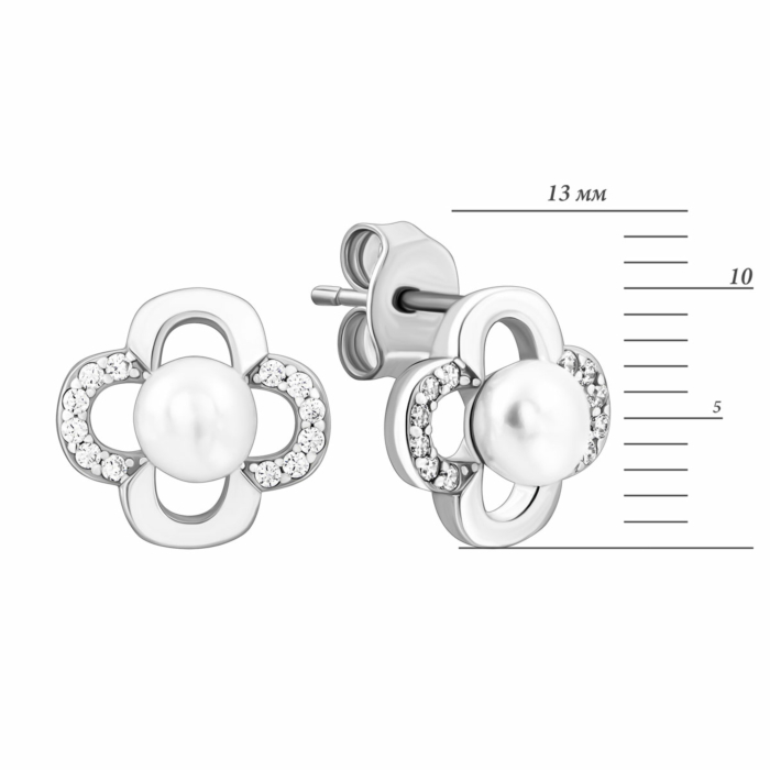 Серебряные пуссеты с жемчугом и фианитами. Артикул UG5SE00660