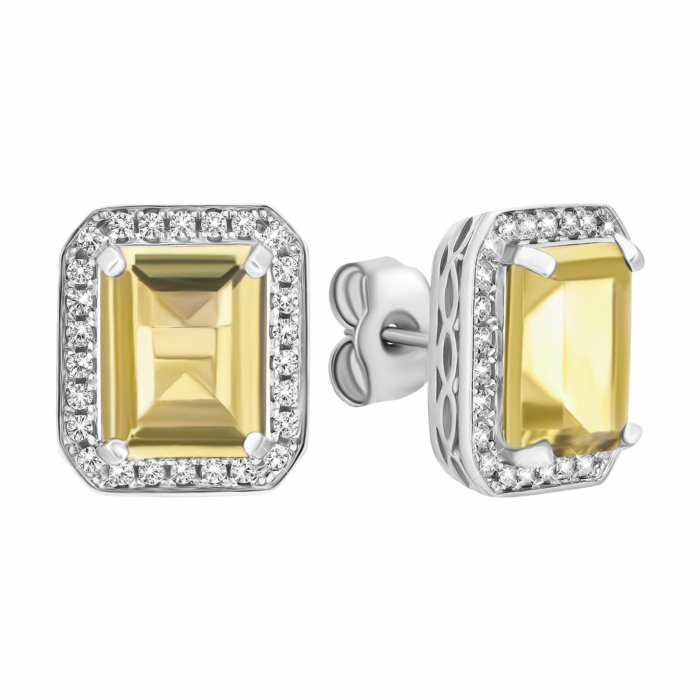 Срібні пусети з жовтим кварцом і фіанітами. Артикул UG5SE18086 с кварц лим