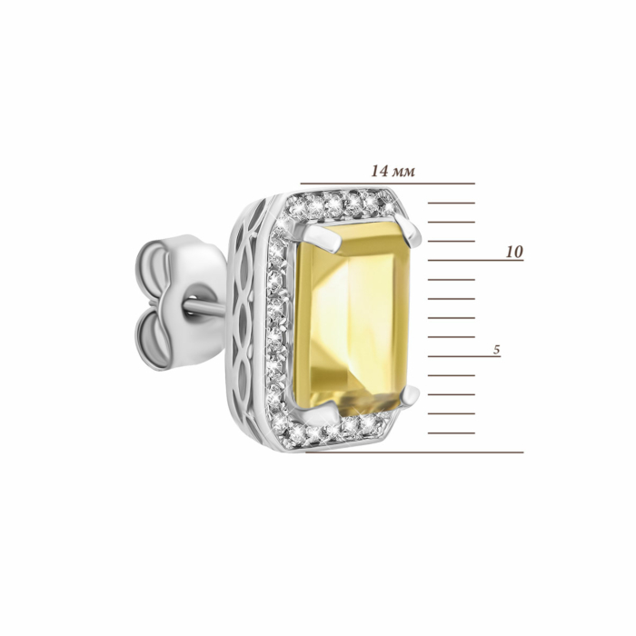 Срібні пусети з жовтим кварцом і фіанітами. Артикул UG5SE18086 с кварц лим