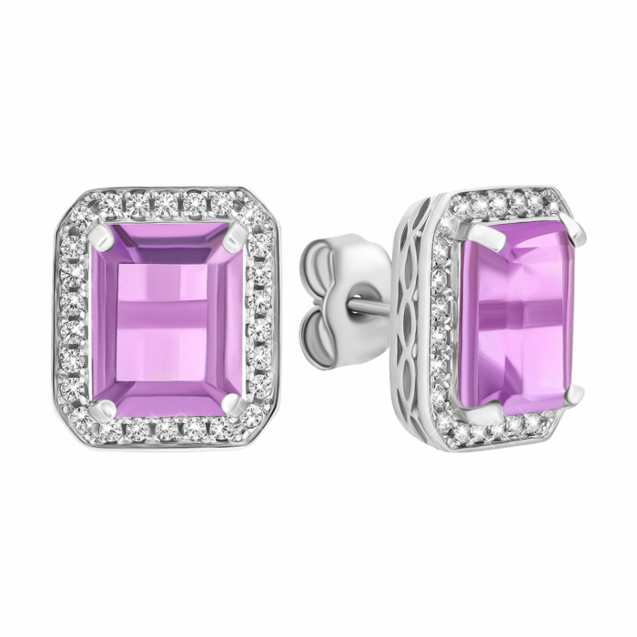 Срібні пусети з аметистом і фіанітами. Артикул UG5SE18086 с ам