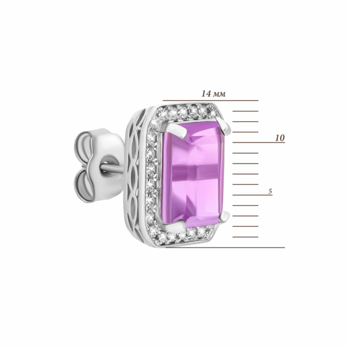 Срібні пусети з аметистом і фіанітами. Артикул UG5SE18086 с ам