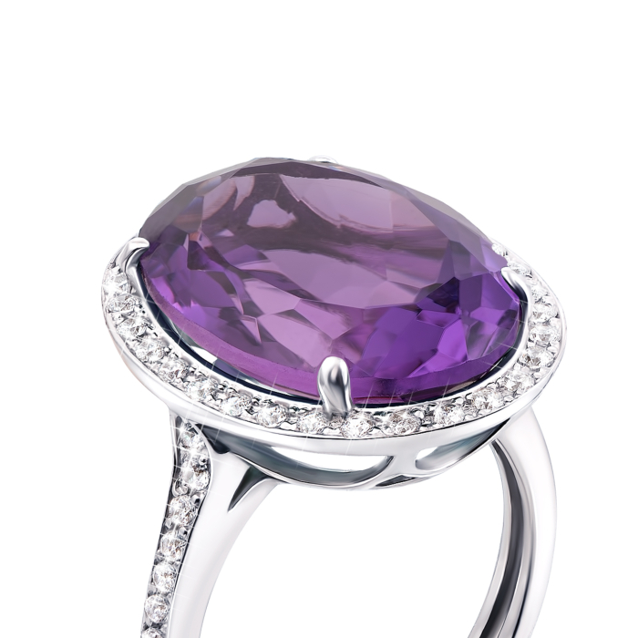 Срібна каблучка з аметистом і фіанітами. Артикул 1684/9р
