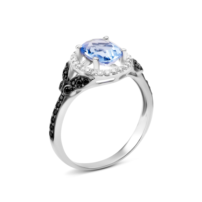 Серебряное кольцо с голубым кварцем и фианитами. Артикул UG51518чб/1р-QTANZ