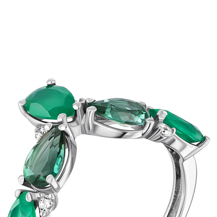 Серебряное кольцо с зеленым агатом, зеленым кварцем и фианитами.Артикул UG51344/1р-GRAG